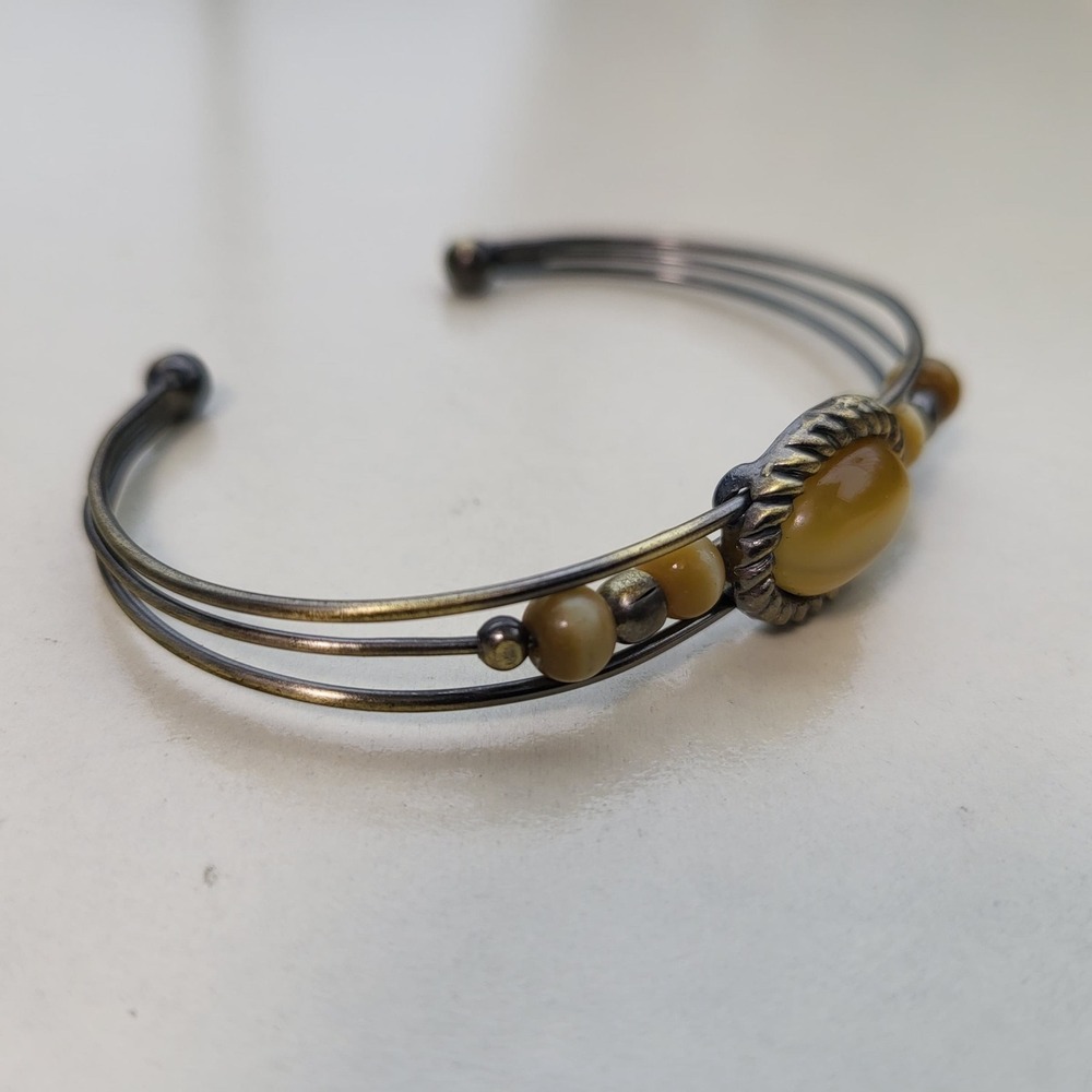 Vintage Cuff Bracelet Yellow Bronze Cat's Eye Bead Triple Wire - Picture 7 of 7